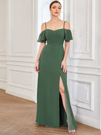 Stylish Cold-Shoulder Floor Length Bridesmaid Dress with Side Slit #Color_Eucalyptus Green
