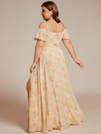 Stylish Cold-Shoulder Floor Length Bridesmaid Dress with Side Slit #color_Golden Roses