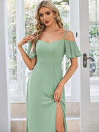Stylish Cold-Shoulder Floor Length Bridesmaid Dress with Side Slit #color_Mint Green