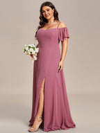 Stylish Cold-Shoulder Floor Length Bridesmaid Dress with Side Slit #color_Purple Orchid