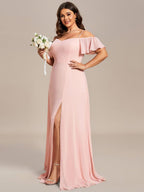 Stylish Cold-Shoulder Floor Length Bridesmaid Dress with Side Slit #color_Pink