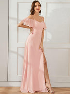 Stylish Cold-Shoulder Floor Length Bridesmaid Dress with Side Slit #color_Pink