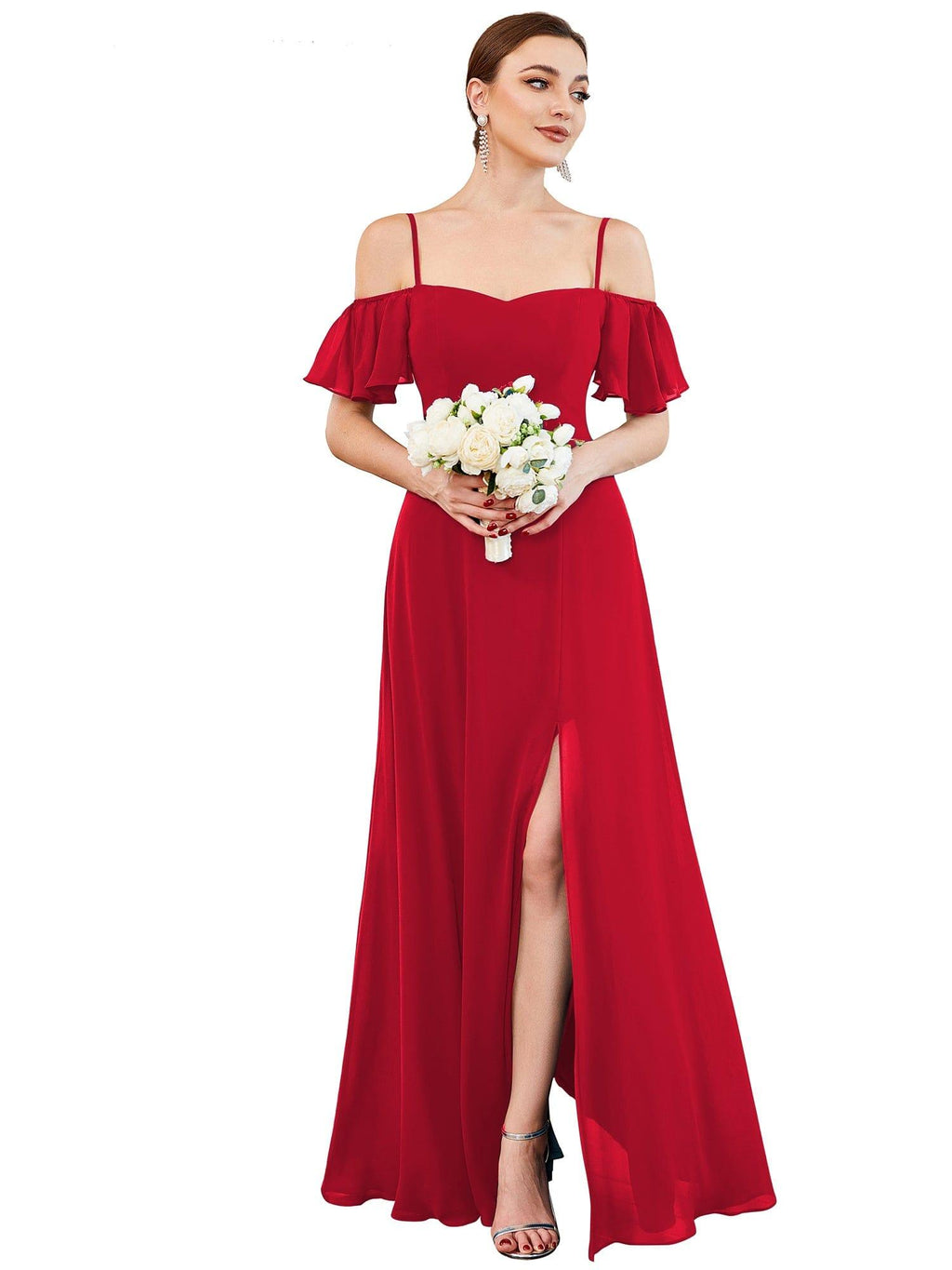 Stylish Cold-Shoulder Floor Length Bridesmaid Dress with Side Slit #color_Red