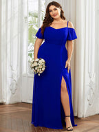 Stylish Cold-Shoulder Floor Length Bridesmaid Dress with Side Slit #color_Sapphire Blue