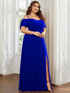 Stylish Cold-Shoulder Floor Length Bridesmaid Dress with Side Slit #color_Sapphire Blue