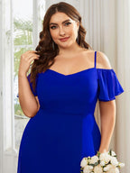 Stylish Cold-Shoulder Floor Length Bridesmaid Dress with Side Slit #color_Sapphire Blue