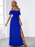 Stylish Cold-Shoulder Floor Length Bridesmaid Dress with Side Slit #color_Sapphire Blue