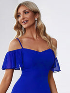 Stylish Cold-Shoulder Floor Length Bridesmaid Dress with Side Slit #color_Sapphire Blue