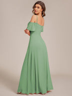 Stylish Cold-Shoulder Floor Length Bridesmaid Dress with Side Slit #color_Sage Green