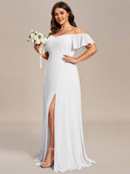 Stylish Cold-Shoulder Floor Length Bridesmaid Dress with Side Slit #color_White