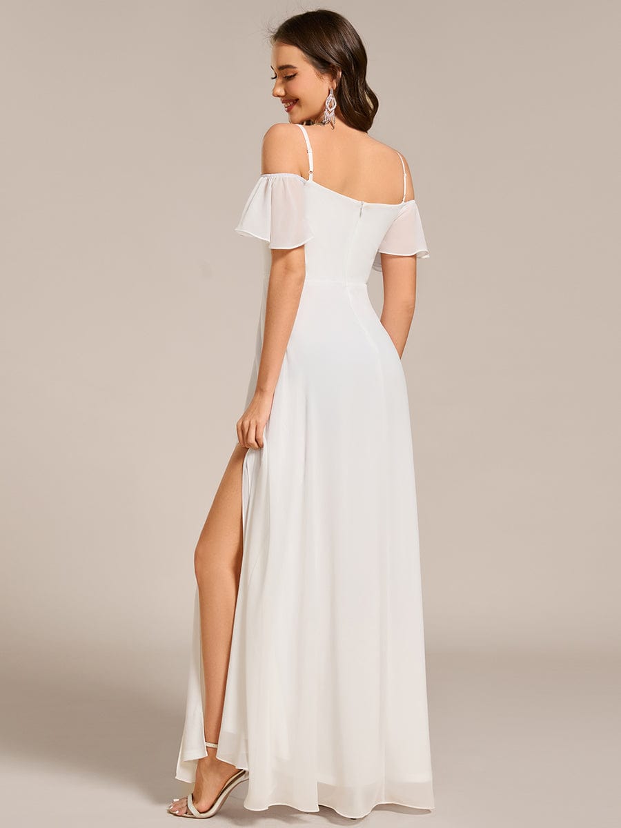 Stylish Cold-Shoulder Floor Length Bridesmaid Dress with Side Slit #color_White
