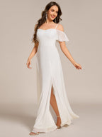 Stylish Cold-Shoulder Floor Length Bridesmaid Dress with Side Slit #color_White