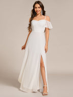 Stylish Cold-Shoulder Floor Length Bridesmaid Dress with Side Slit #color_White
