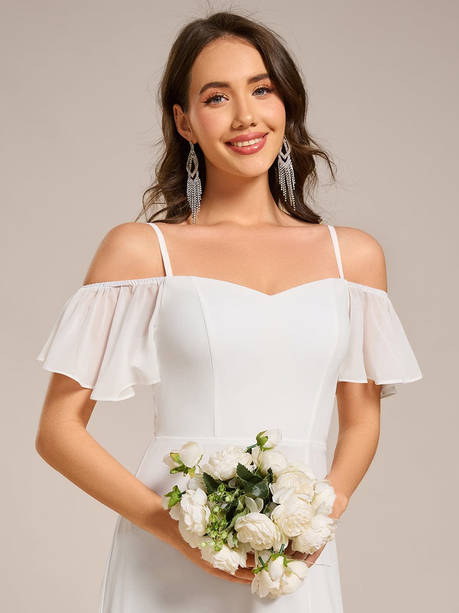 Stylish Cold-Shoulder Floor Length Bridesmaid Dress with Side Slit #color_White