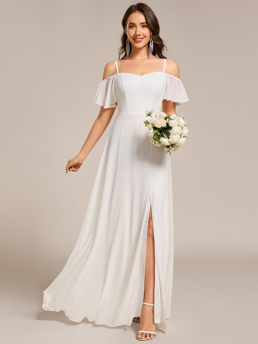 Stylish Cold-Shoulder Floor Length Bridesmaid Dress with Side Slit #color_White