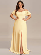 Stylish Cold-Shoulder Floor Length Bridesmaid Dress with Side Slit #color_Yellow