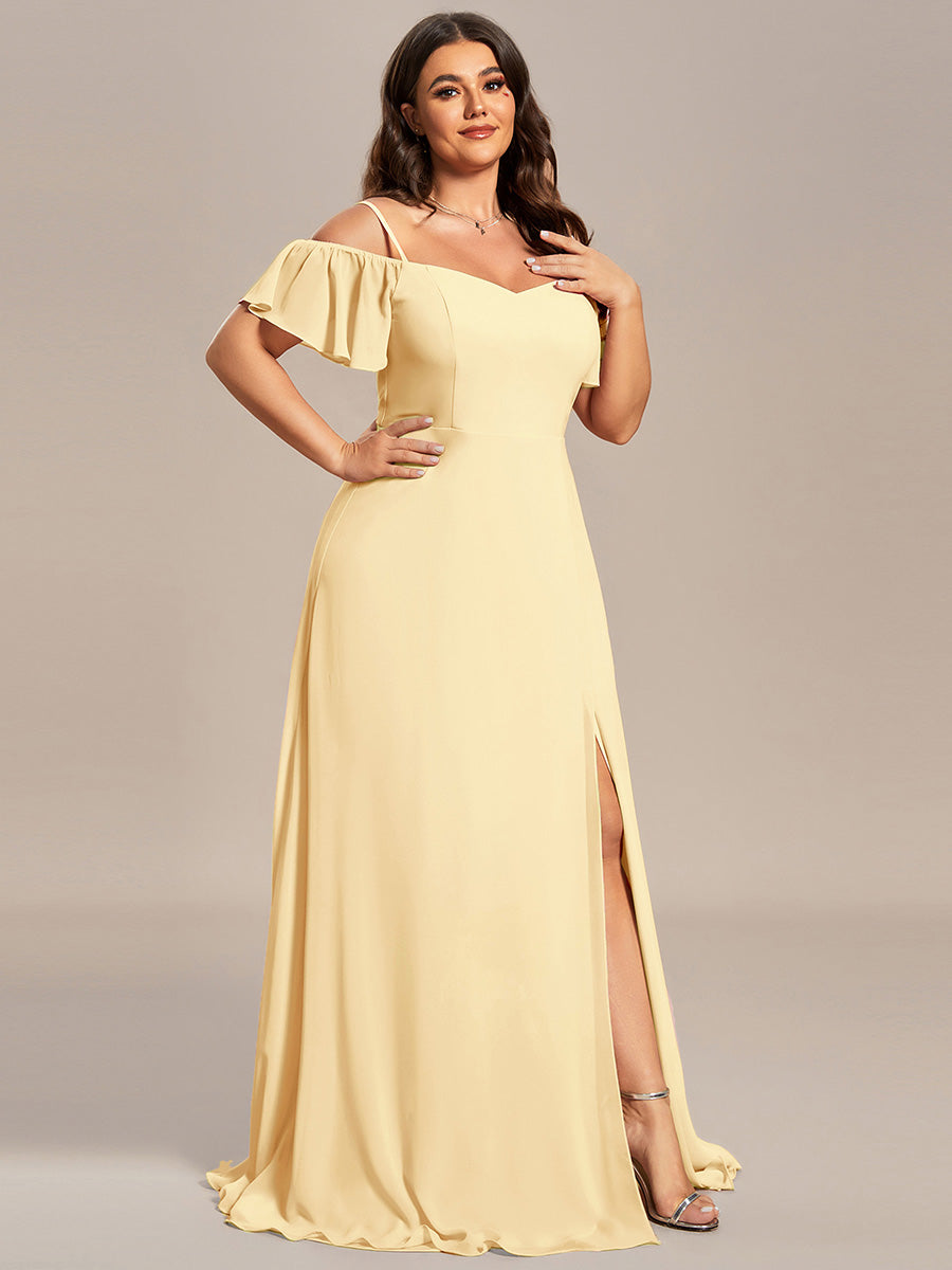 Stylish Cold-Shoulder Floor Length Bridesmaid Dress with Side Slit #color_Yellow
