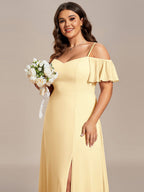 Stylish Cold-Shoulder Floor Length Bridesmaid Dress with Side Slit #color_Yellow