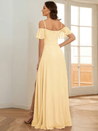 Stylish Cold-Shoulder Floor Length Bridesmaid Dress with Side Slit #color_Yellow