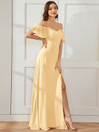 Stylish Cold-Shoulder Floor Length Bridesmaid Dress with Side Slit #color_Yellow