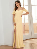 Stylish Cold-Shoulder Floor Length Bridesmaid Dress with Side Slit #color_Yellow