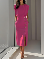 Jurk Dames Mouwloos Midi Knoopsluiting Beensplit - Polyester - Light Pink