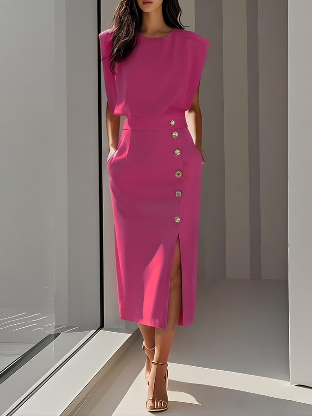Jurk Dames Mouwloos Midi Knoopsluiting Beensplit - Polyester - Light Pink