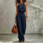 Miss | Jumpsuit Dames Halternek Wijde Pijp Vloerlang Gesmokte Taille