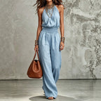 Miss | Jumpsuit Dames Halternek Wijde Pijp Vloerlang Gesmokte Taille