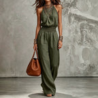 Miss | Jumpsuit Dames Halternek Wijde Pijp Vloerlang Gesmokte Taille