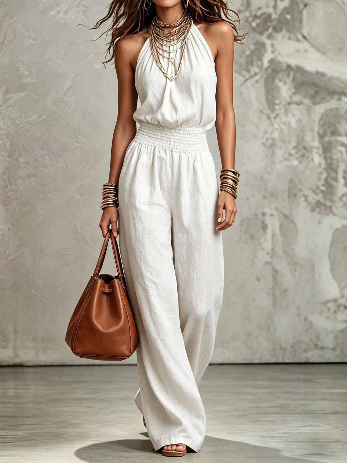 Miss | Jumpsuit Dames Halternek Wijde Pijp Vloerlang Gesmokte Taille