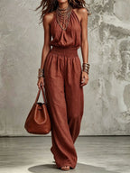 Miss | Jumpsuit Dames Halternek Wijde Pijp Vloerlang Gesmokte Taille