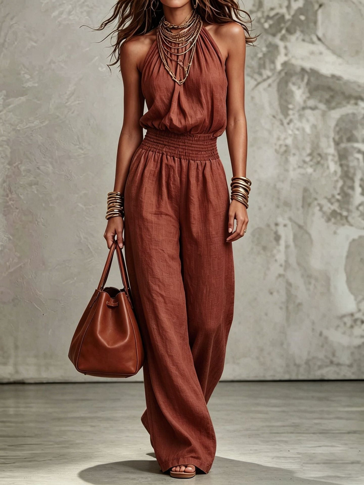 Miss | Jumpsuit Dames Halternek Wijde Pijp Vloerlang Gesmokte Taille
