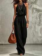 Miss | Jumpsuit Dames Halternek Wijde Pijp Vloerlang Gesmokte Taille