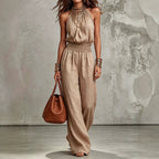 Miss | Jumpsuit Dames Halternek Wijde Pijp Vloerlang Gesmokte Taille