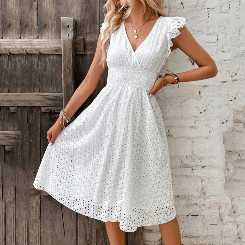 Miss | Jurk Dames Broderie Anglaise Midi A-lijn Gerimpelde Taille