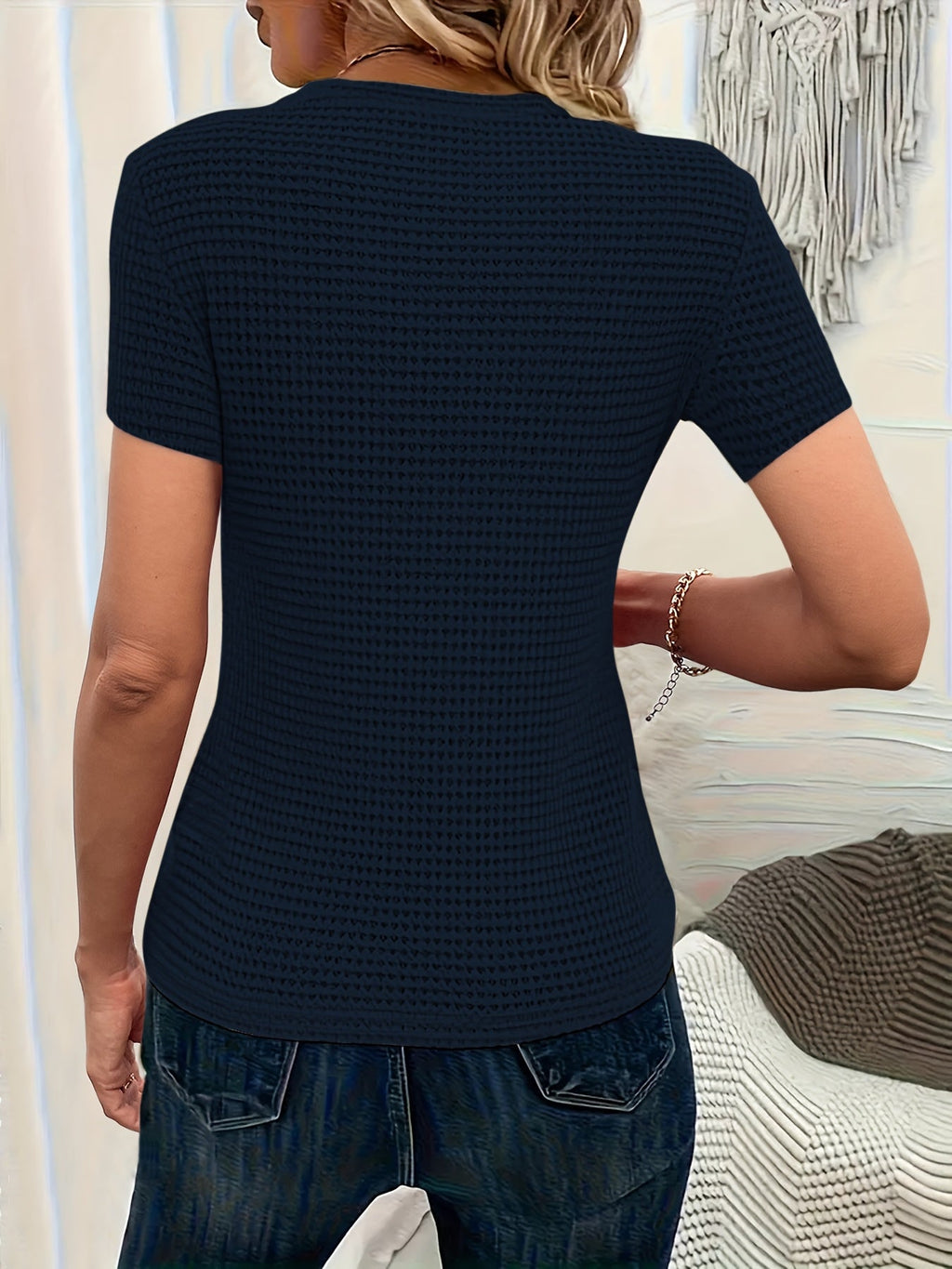 Miss | Blouse Dames Wafelstof Ronde Hals Korte Mouw