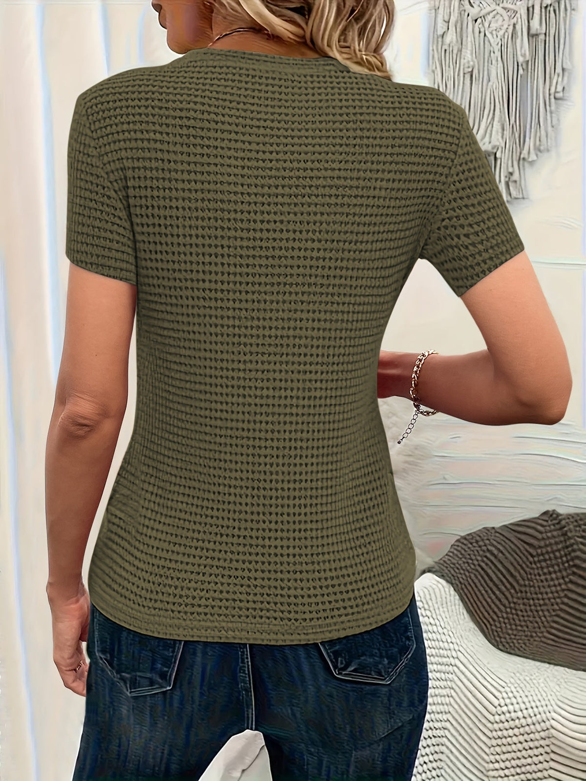 Miss | Blouse Dames Wafelstof Ronde Hals Korte Mouw