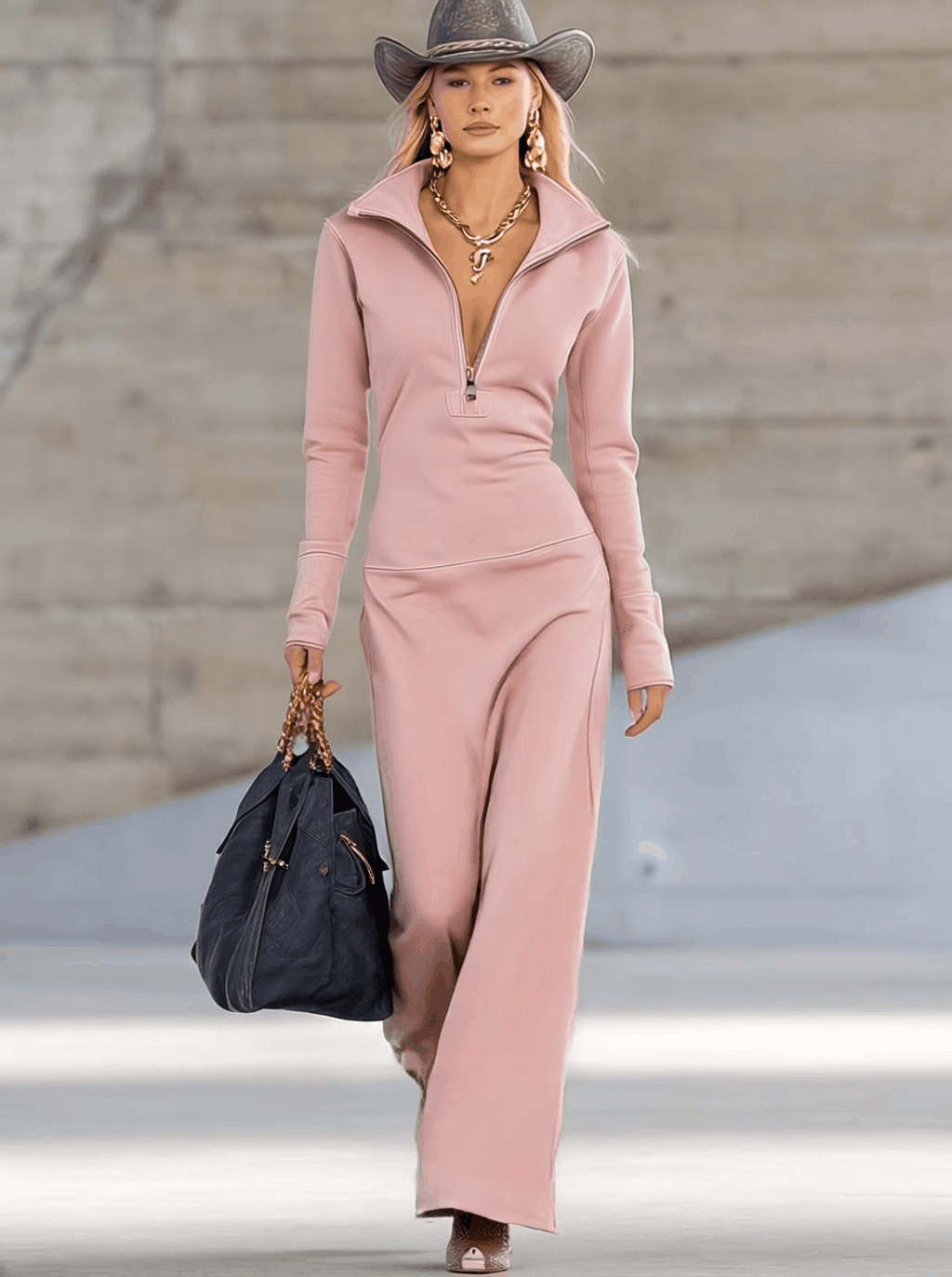 Woman in a light pink knit maxi dress with quarter-zip, holding a black bag, wearing a cowboy hat.