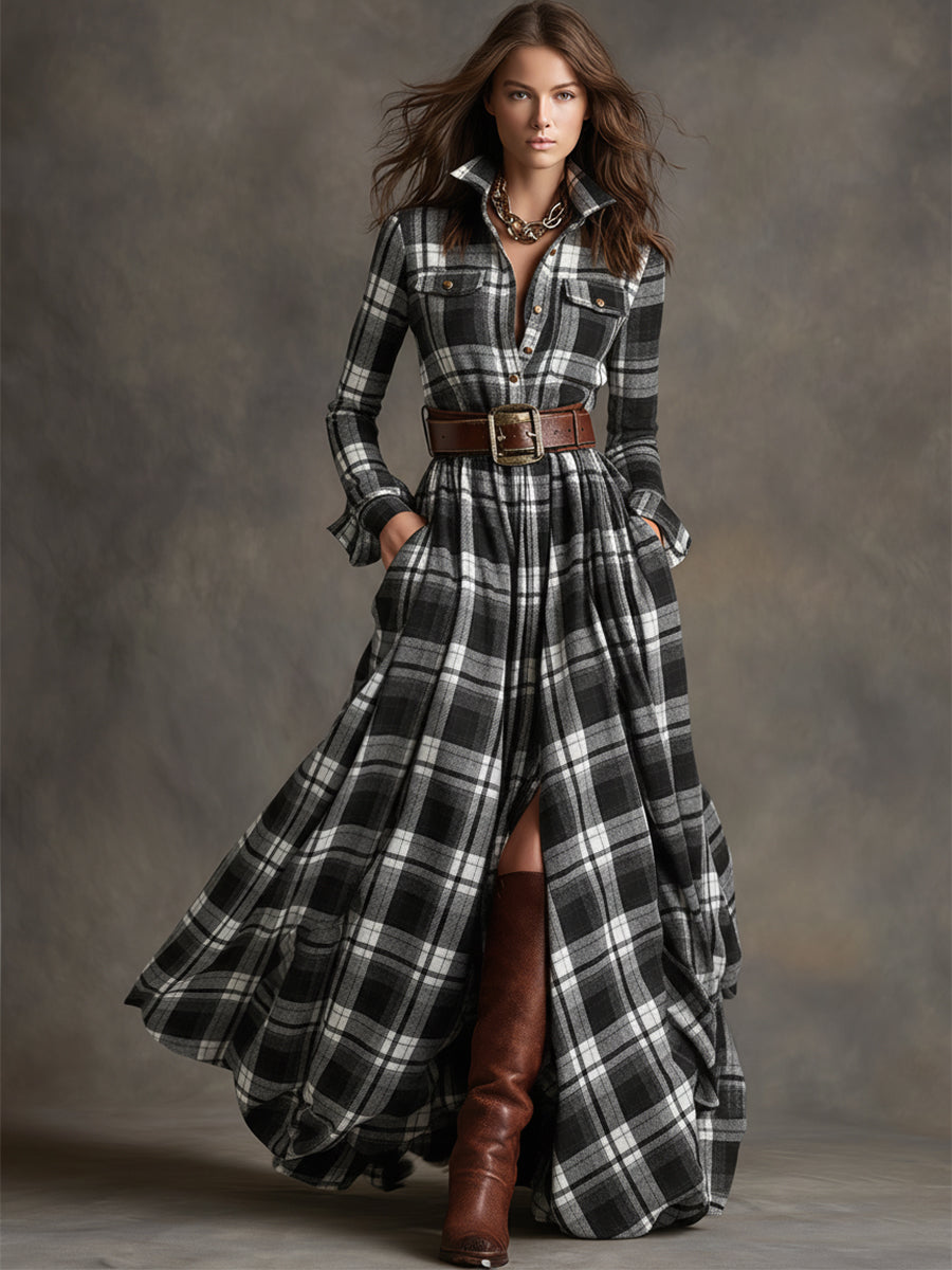 Jurk Dames Klassiek Hemdmodel Vintage Ruit - Viscose