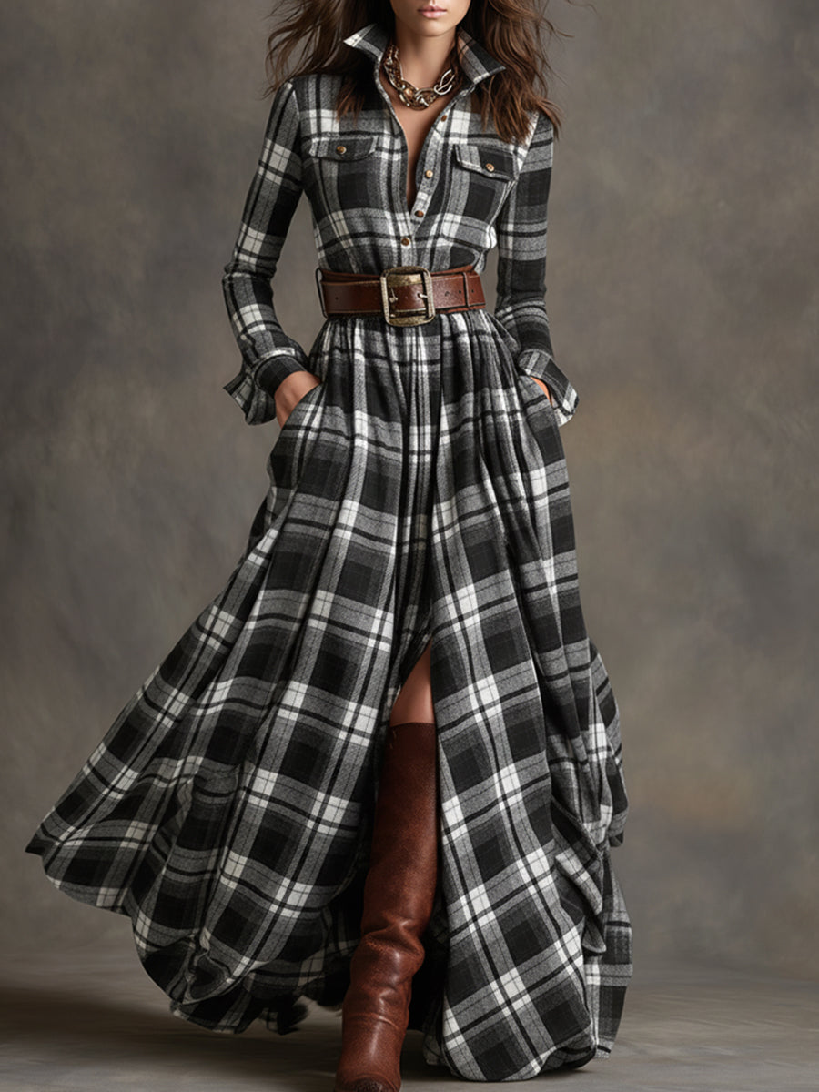 Jurk Dames Klassiek Hemdmodel Vintage Ruit - Viscose - Zwart