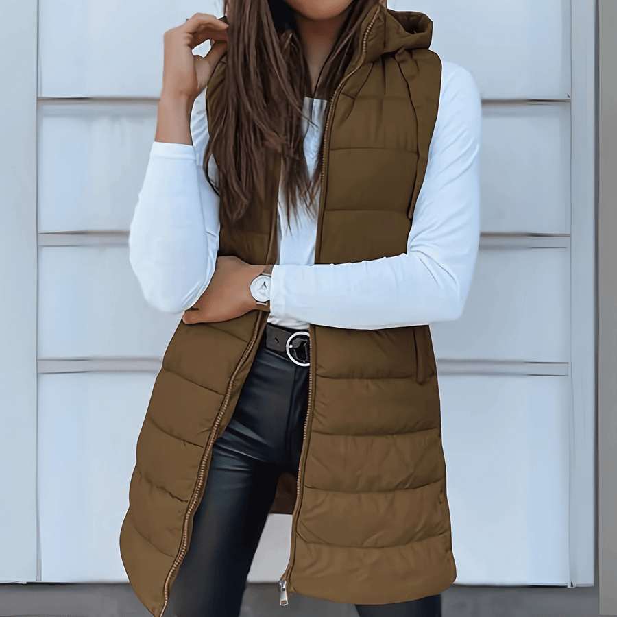 Bodywarmer Dames Gewatteerd Lang Capuchon Ritssluiting