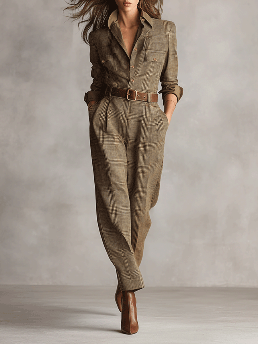 Brown plaid wool-blend women's jumpsuit with a belted waist, pockets, and collared long sleeves.