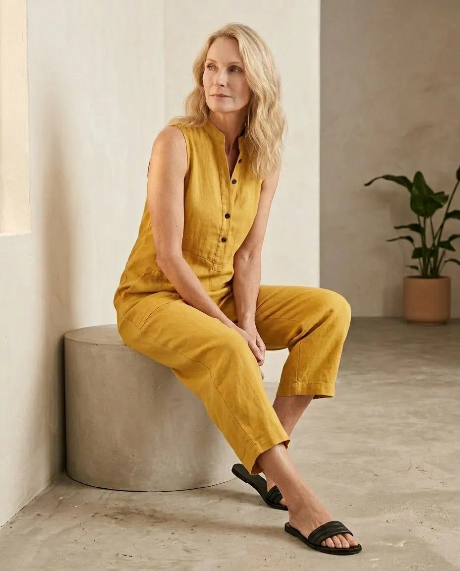 Jumpsuit mouwloos van linnen geel - Miss Madera MIS-7AC8E5