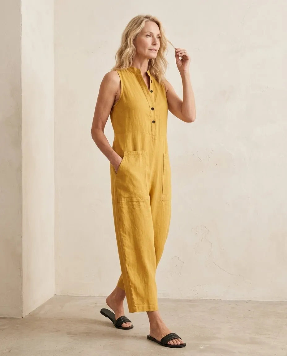 Jumpsuit mouwloos van linnen geel - Miss Madera MIS-7AC8E5