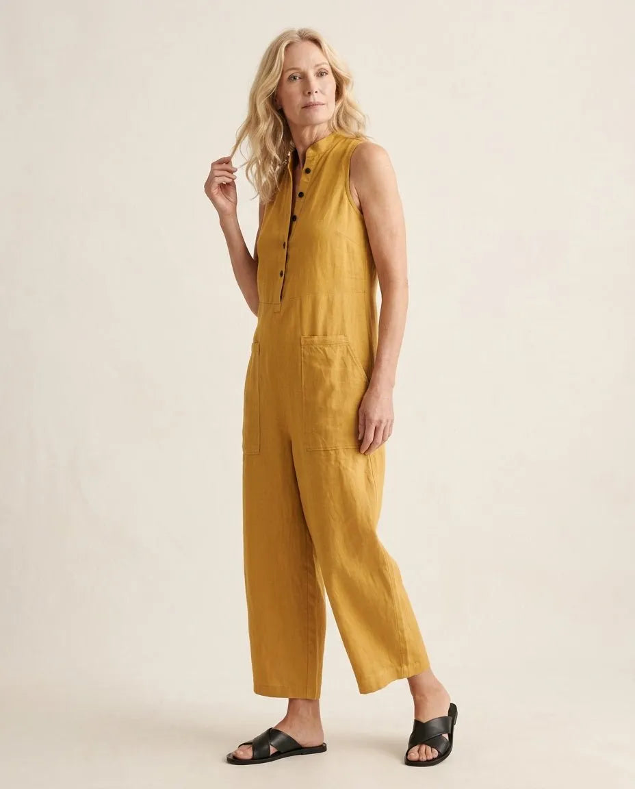 Jumpsuit mouwloos van linnen geel - Miss Madera MIS-7AC8E5