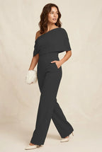 Jumpsuit one-shoulder zwart draperende halslijn - Miss Madera MIS-C1D170