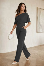 Jumpsuit one-shoulder zwart draperende halslijn - Miss Madera MIS-C1D170