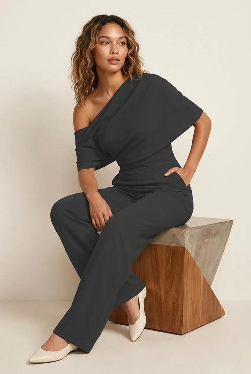 Jumpsuit one-shoulder zwart draperende halslijn - Miss Madera MIS-C1D170