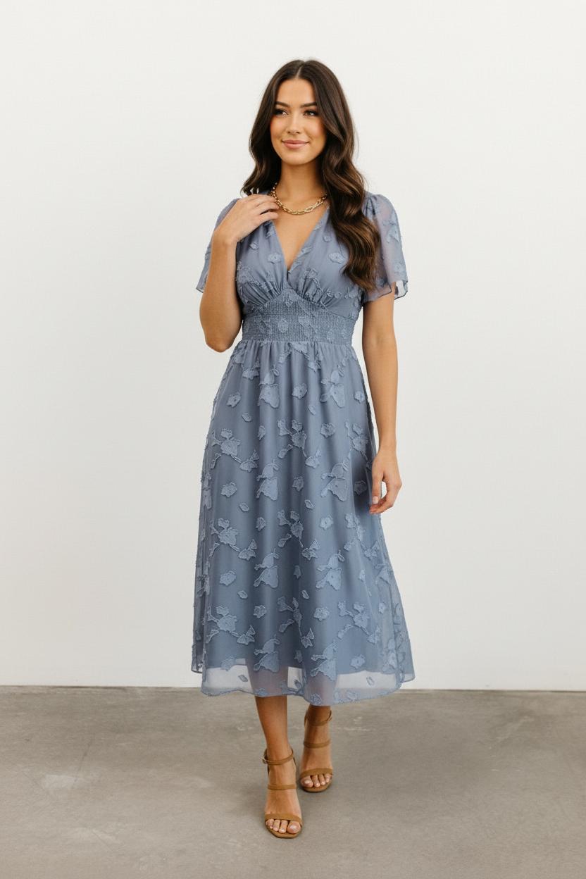 Women's dress blue floral overlay front pose